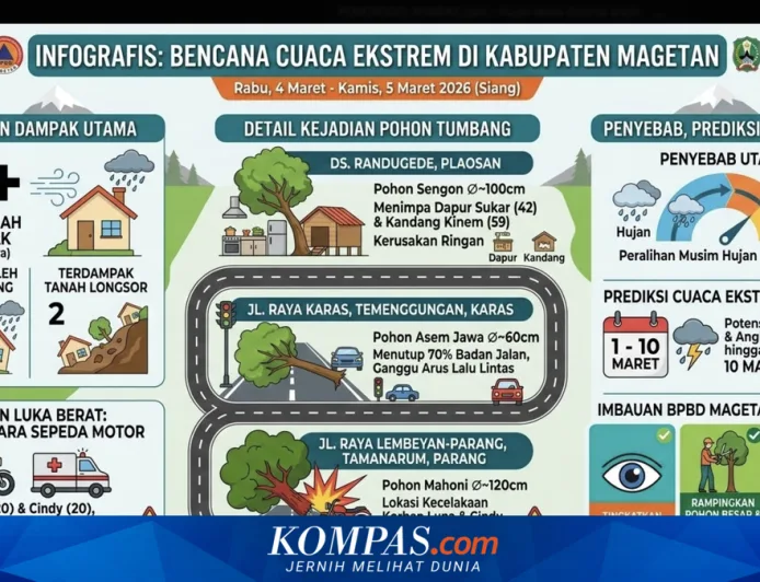 Hujan Deras dan Angin Kencang Landa Magetan, Puluhan Pohon Tumbang dan Longsor Terjadi