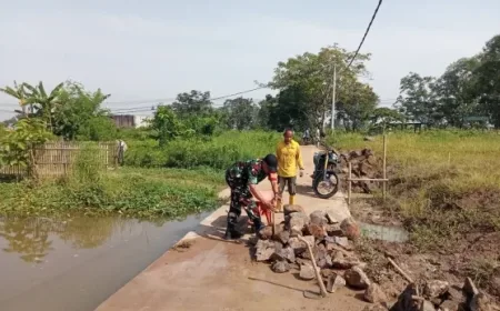 Babinsa Koramil Pamanukan Bangun Tanggul Antisipasi Banjir di Desa Rancasari