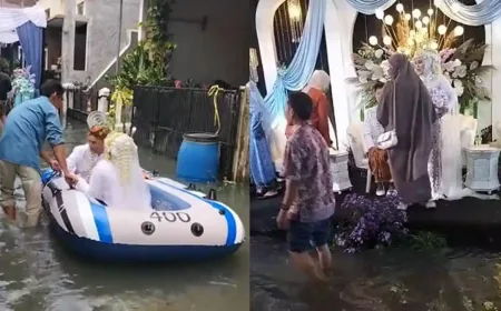 Viral Pernikahan di Tengah Banjir Bojongsoang: Pengantin Diantar Naik Perahu Karet