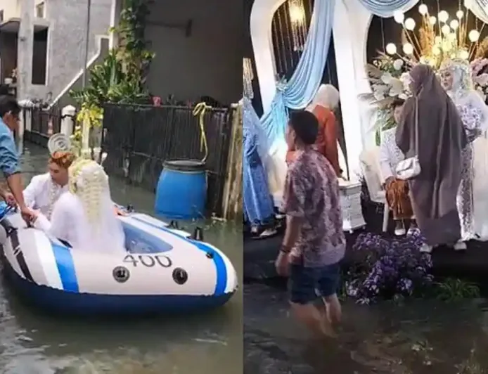 Viral Pernikahan di Tengah Banjir Bojongsoang: Pengantin Diantar Naik Perahu Karet