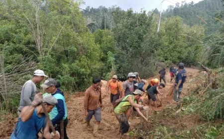 Petugas Gabungan Buka Akses Jalan Tertimbun Longsor di Sidrap