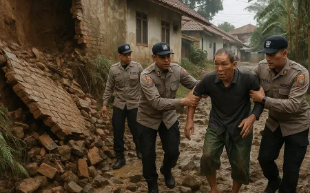 Tembok Penahan Tanah Roboh di Desa Girimulya, Polsek Banjaran Evakuasi Korban Longsor