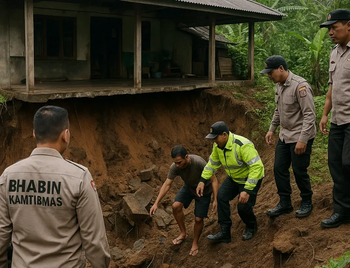Pondasi Rumah Longsor di Selemadeg Timur, Polsek Seltim Sigap Tanggap Darurat