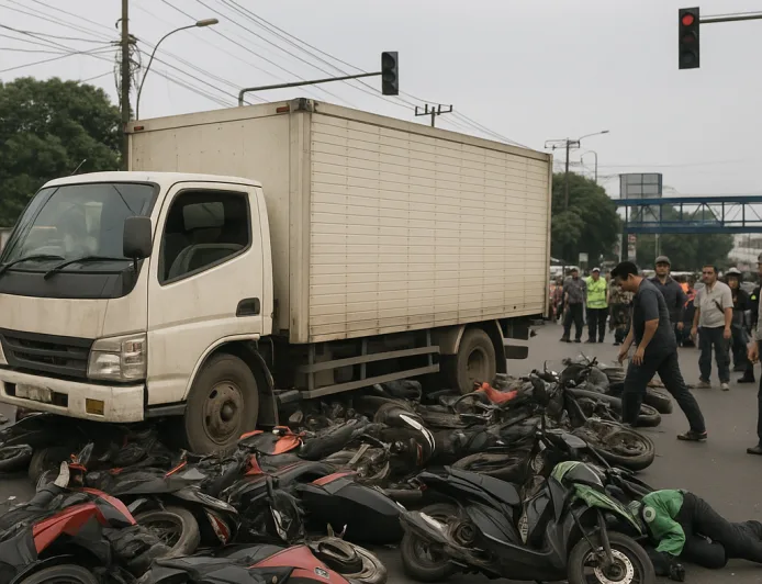 Truk Diduga Rem Blong Tabrak Belasan Motor di Simpang Unisma Bekasi, 1 Tewas