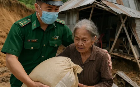 Penjaga Perbatasan Provinsi Ca Mau: Memberikan bantuan kepada warga yang rumahnya rusak akibat tanah longsor.