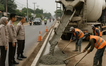 Polsek Serang Baru Cor Sisi Jalan Raya Makmun Nawawi untuk Kurangi Risiko Kecelakaan