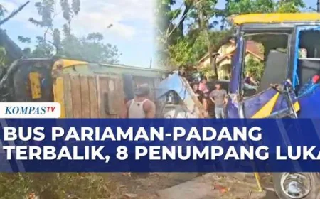 Kecelakaan Tunggal Bus di Pariaman: 8 Penumpang Luka Usai Bus Terbalik