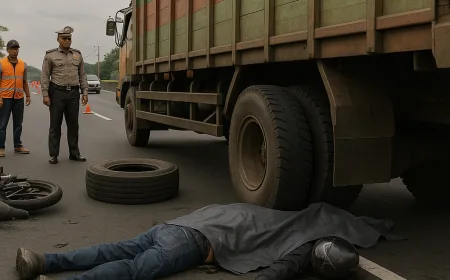 Pemotor Tewas Terlindas Truk Setelah Tertabrak Ban Serep Lepas di Surabaya-Malang