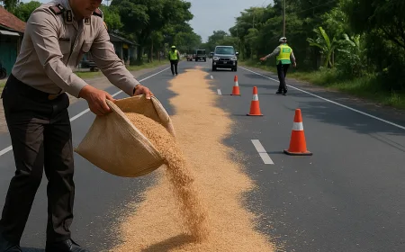 Polisi Ngawi Sebar Sekam Padi untuk Cegah Kecelakaan Akibat Tumpahan Solar