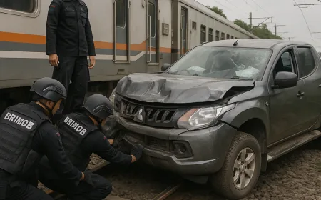 Brimob Sigap Evakuasi Mobil Tertabrak KA Gajayana di Bekasi, Pengemudi Tewas