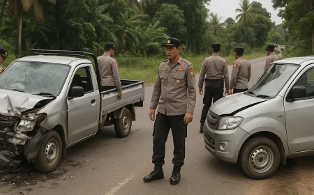 Polres HST Respons Cepat Amankan TKP Kecelakaan Dua Mobil Pick Up