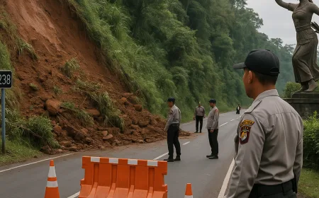 Polsek Kalibaru Amankan Jalur Nasional KM 238 Pasca Tebing Longsor Bawah Patung Gandrung
