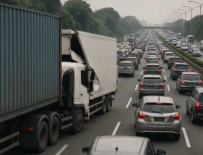 Tol Cikampek Arah Jakarta Macet Parah Akibat Kecelakaan Truk dan Wing Box