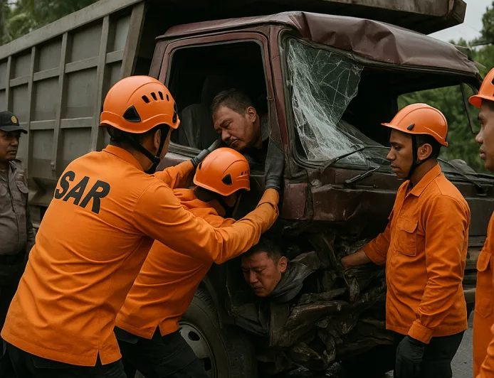 Tim SAR Evakuasi Sopir Truk Terjepit Usai Kecelakaan di Pasaman