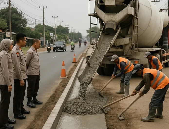 Polsek Serang Baru Cor Sisi Jalan Raya Makmun Nawawi untuk Kurangi Risiko Kecelakaan
