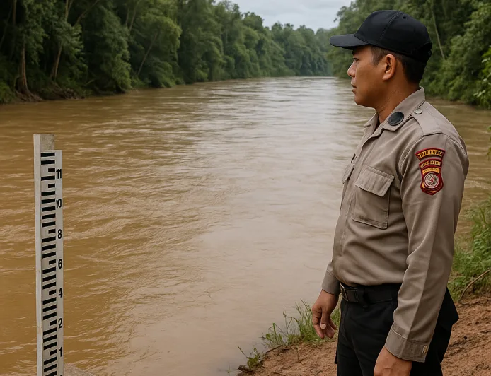 Personel Polsek Embaloh Hulu Pantau Ketinggian Air Sungai Antisipasi Banjir