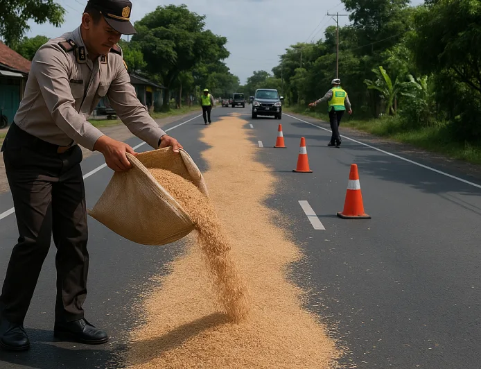 Polisi Ngawi Sebar Sekam Padi untuk Cegah Kecelakaan Akibat Tumpahan Solar