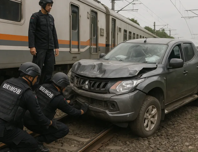 Brimob Sigap Evakuasi Mobil Tertabrak KA Gajayana di Bekasi, Pengemudi Tewas